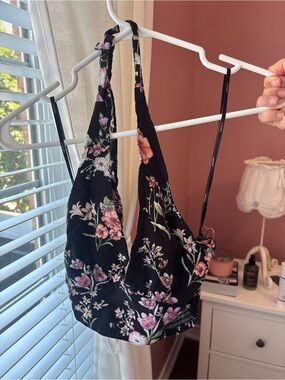 Forever 21 Black Floral Halter Crop Top with Pink Accents